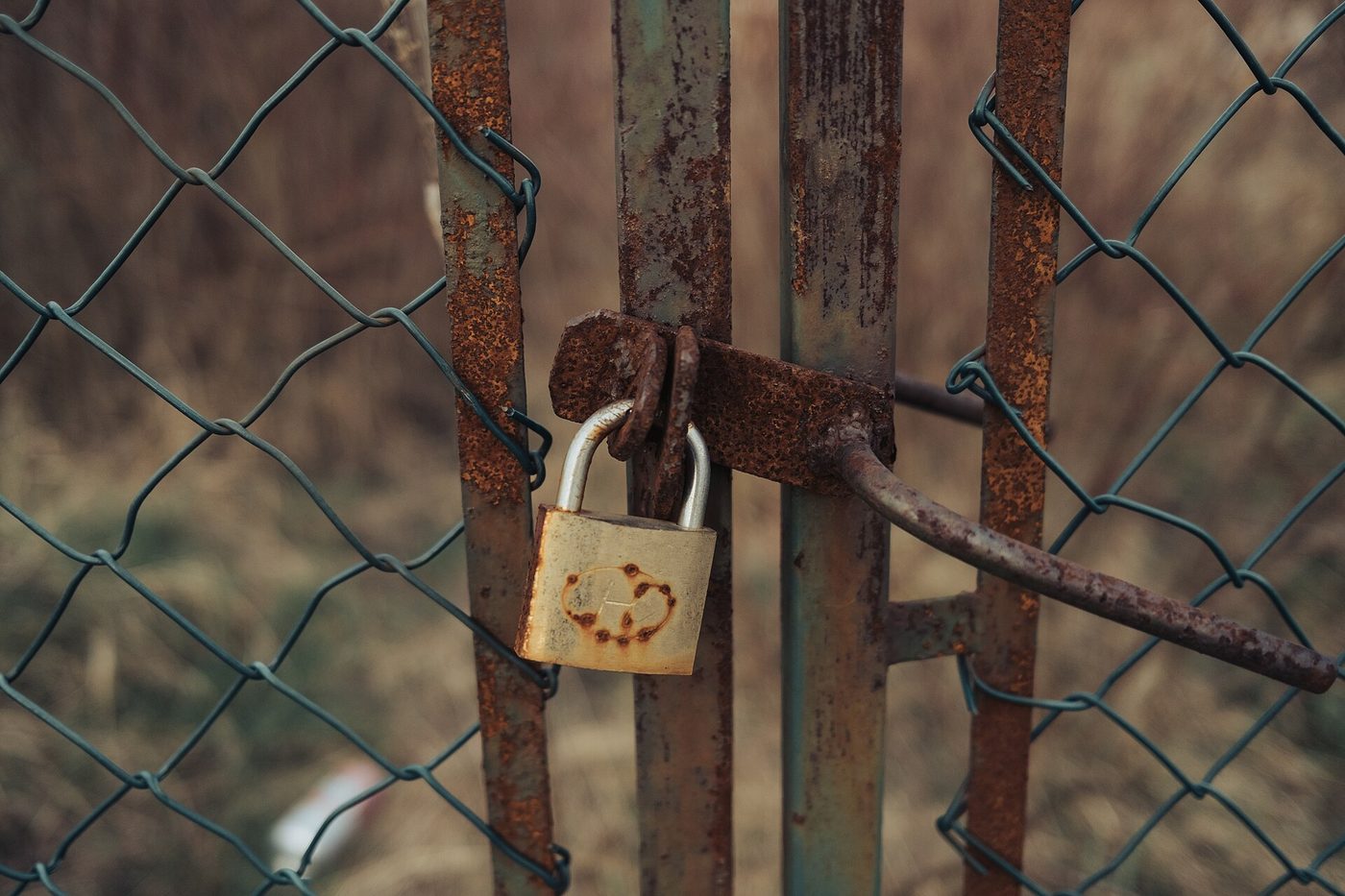 A rusty padlock hanging from the latch of an old metal gate, chain-link fence and dry grass behind.